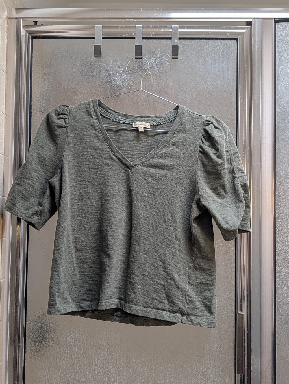 Democracy Olive Puff-Sleeve V-Neck Women's Top